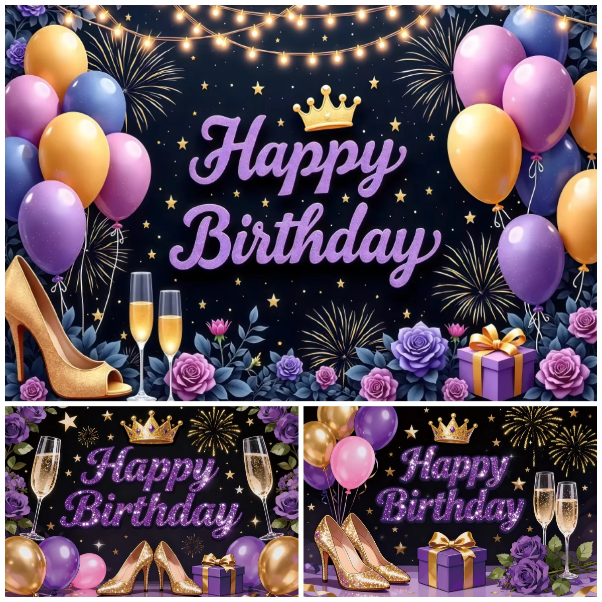 

Happy Birthday Backdrop Gold Crown High Heel Balloon Decor For Women Girl Celebration Party Photo Booth Background Decoration