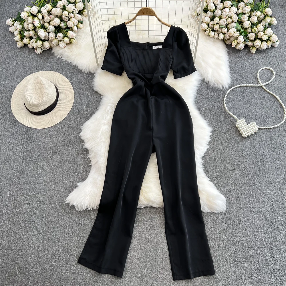 Nomikuma Fashion Square Collar Short Sleeve Jump Suits for Women Elegant Slim Wiast Wide Leg Bodysuit Monos Mujer Elegante