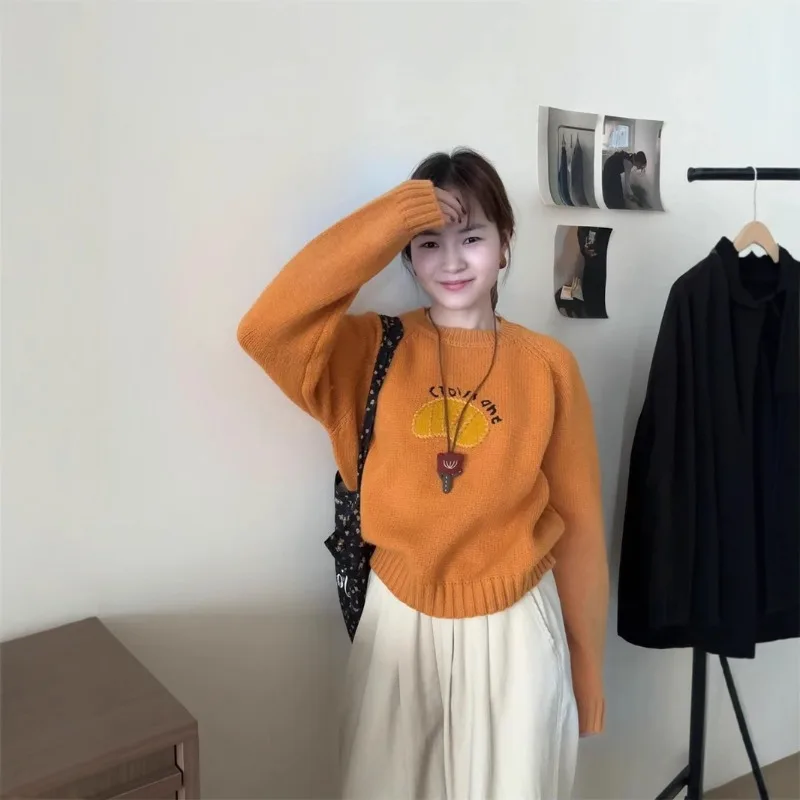 Women's 2026 Autumn Winter Round Neck Pullover Sweater Korean Cartoon Letter Mango Embroidery Loose Sweet Chic Coquette Trendy