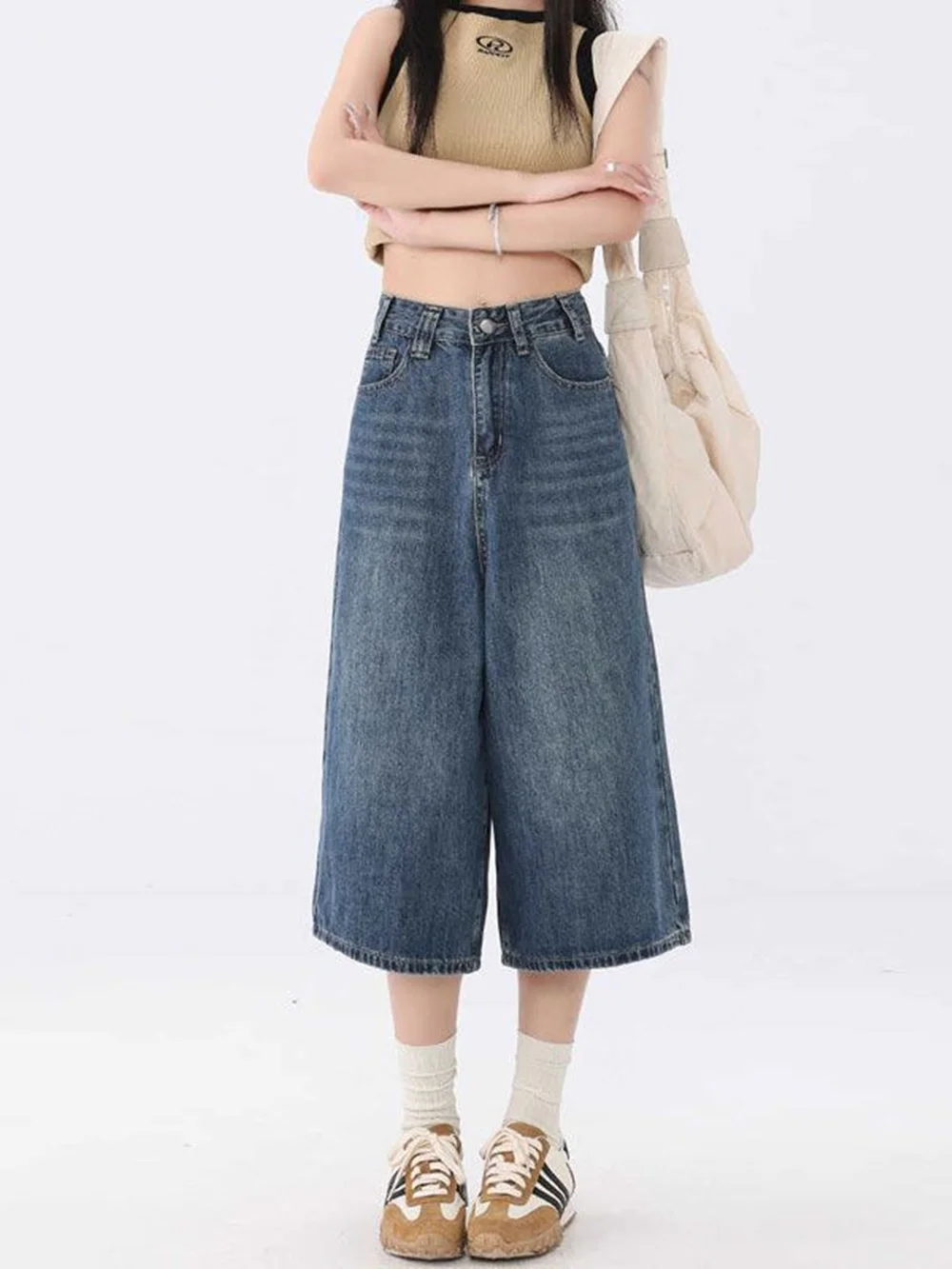 2022 Nieuwe zevendelige jeans met wijde pijpen voor dames in de zomer, dun, hoge taille, ontspannend, luie stijl, rechte buis vijfdelige middenp