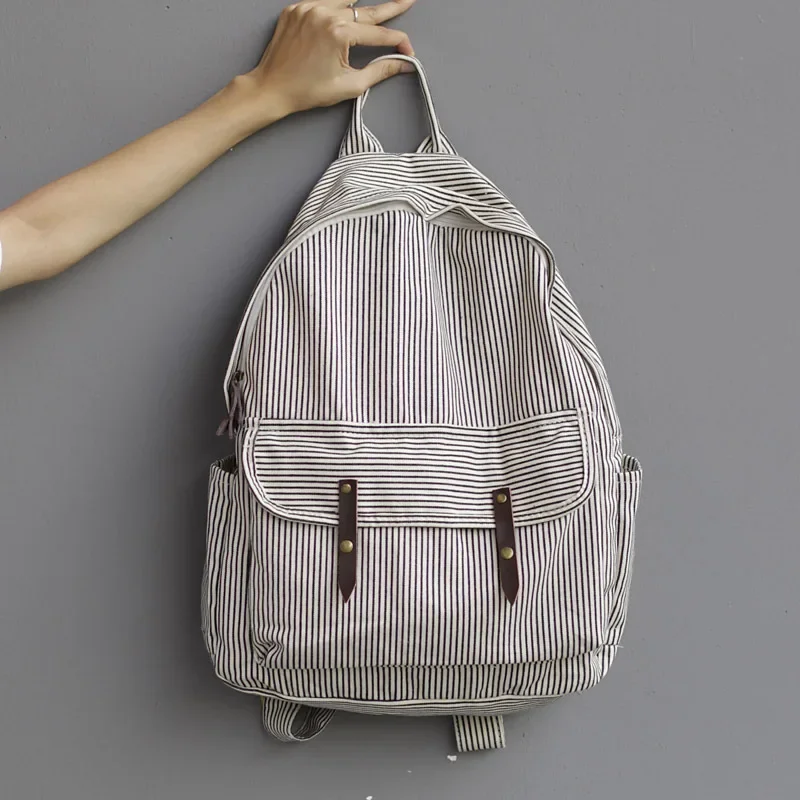 Casual Canvas Backpack  Female School Bookbag for Teenager Cotton Leisure Fabric Student Bag Daily Everyday Striped Bagpack