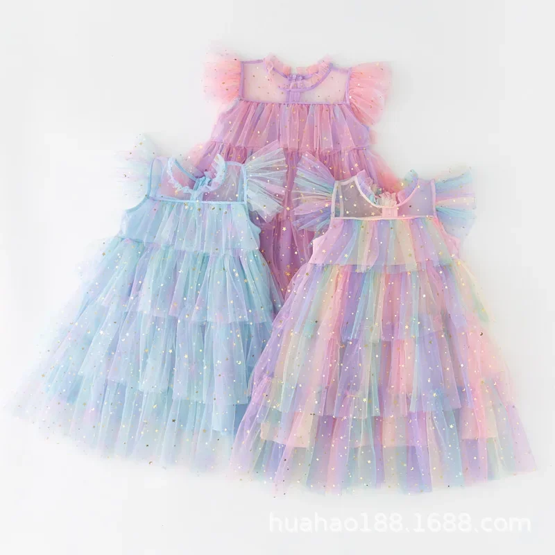 Rindu Children\'s dress, girls\' dress, fairy dress, rainbow stars, sequins, cake, mesh, children\'s fluffy dress, princess dress