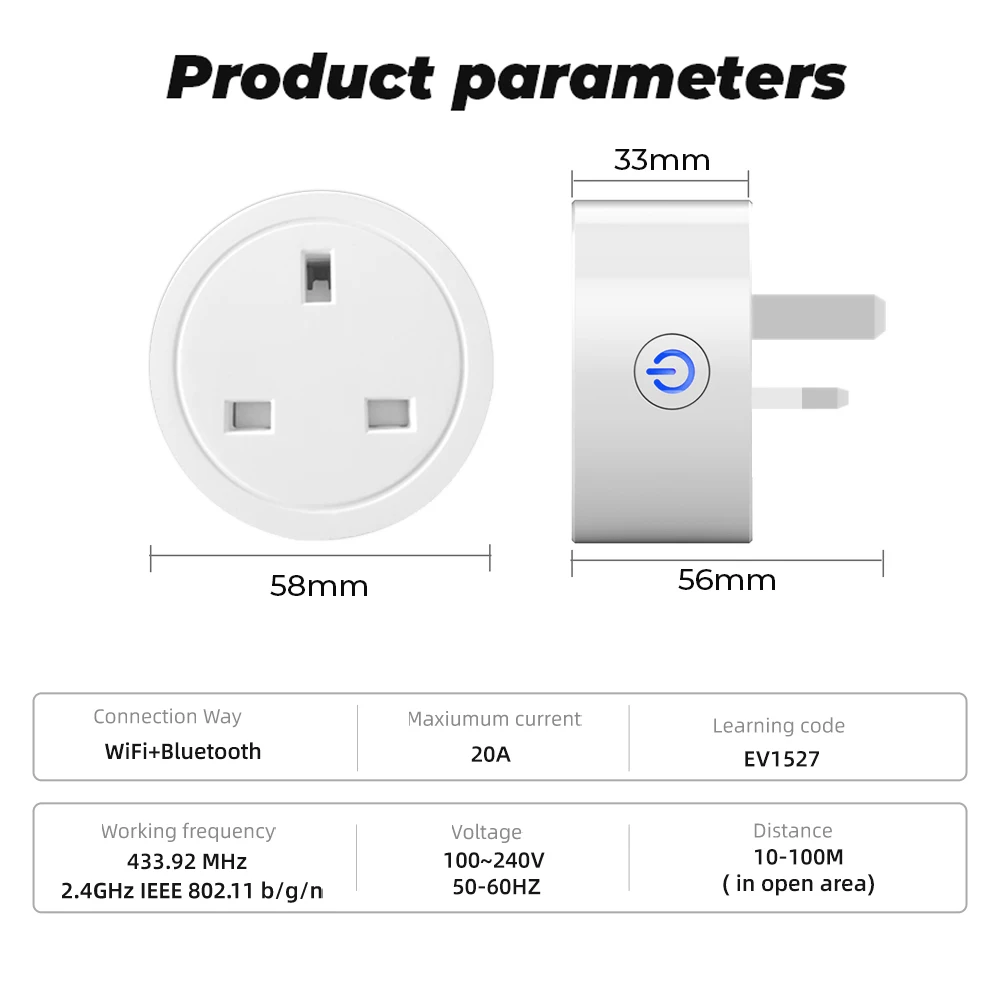 WiFi RF433 Uk Smart Socket Plug Outlet 20A Adapter Power Monitor Wireless Remote Voice Control Timer For Google Home Alexa