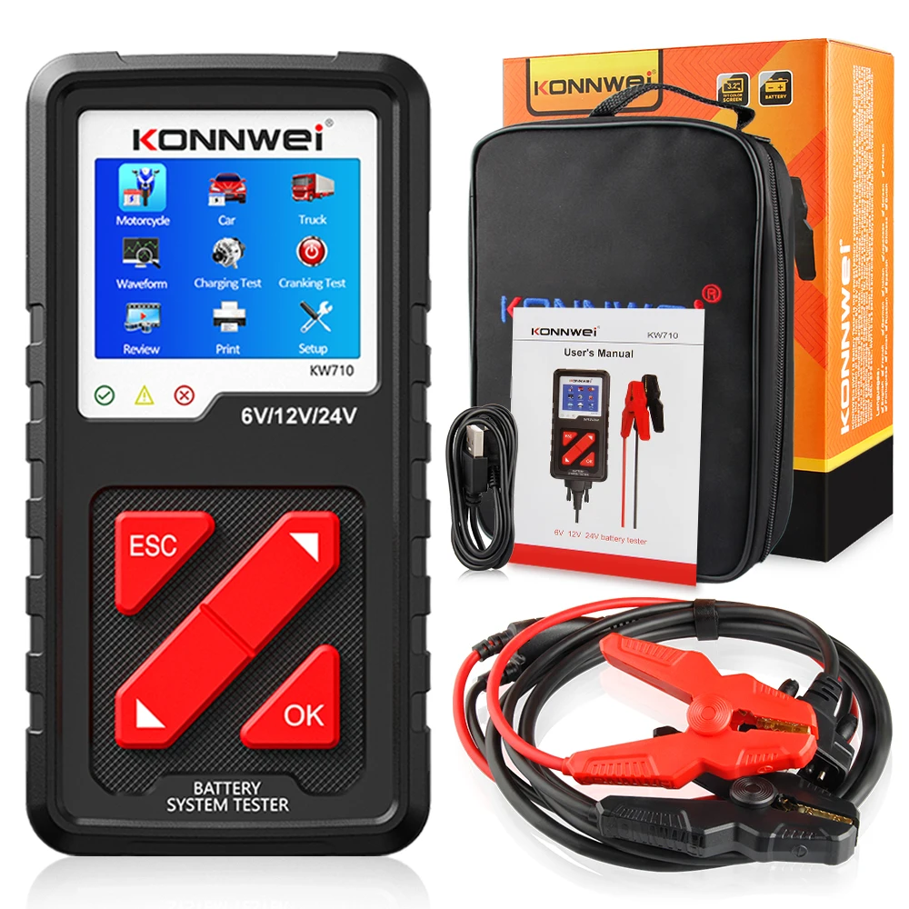 KONNWEI KW710 Motorcycle Car Truck Battery Tester KW 710 Battery Analyser 6V 12V 24V Car Cranking and Charging System Diagnosis