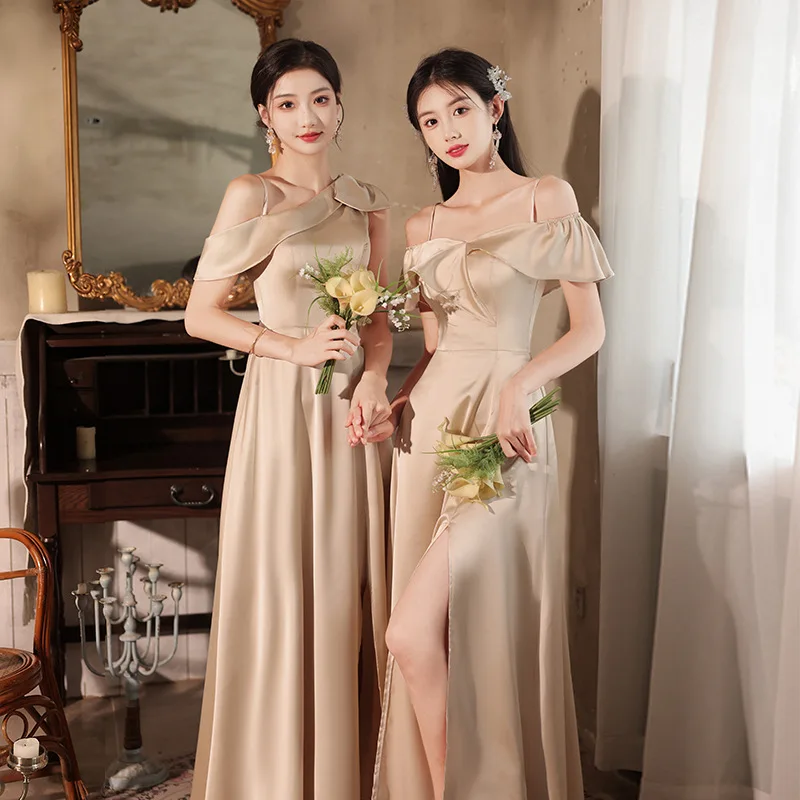 

Champagne Satin Bridesmaid Dress Women New Bow V-Neck Off Shoulder Slit Sister Group Party Dresses Simple Elegant Daily Vestidos