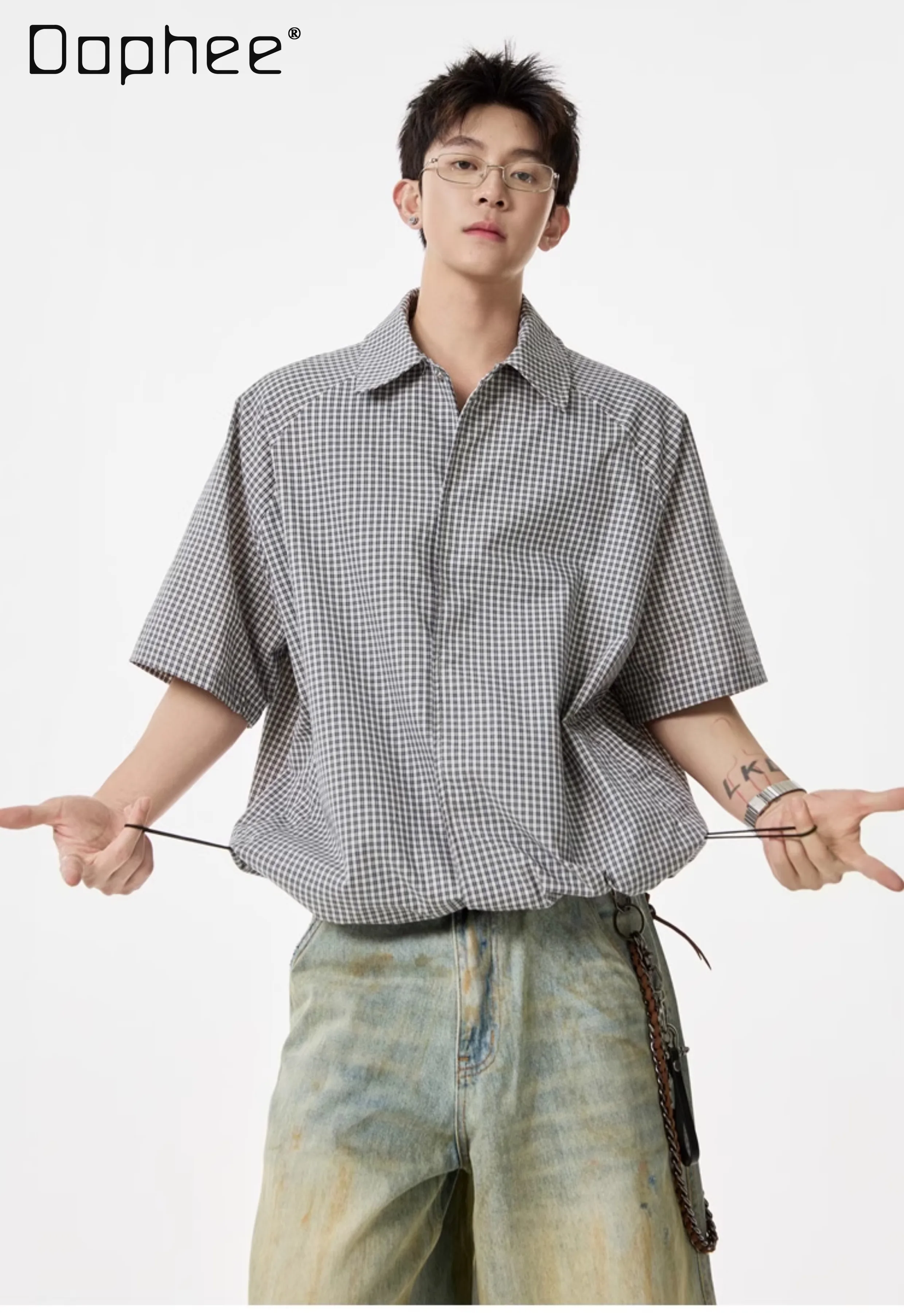 

2025 Summer Japanese Retro Style Plaid Short Sleeve Men's Black Navy Blue Shirt Loose Draped Trendy White Blue Shirt