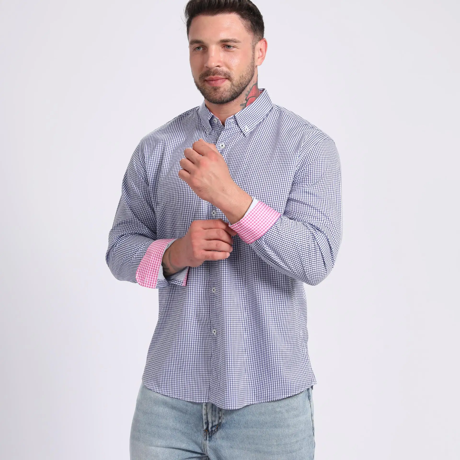 Large-Sized Men's Casual Business Formal Wear Shirt Long Sleeve Digital Printing Check Pattern Stripes New Style for Men