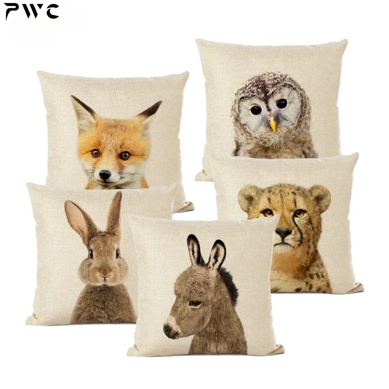 Cute Baby Animals Cushion Cover Home Decor Bunny Donkey Fox Decorative Pillows Linen Pillow Case Baby Room Decoration