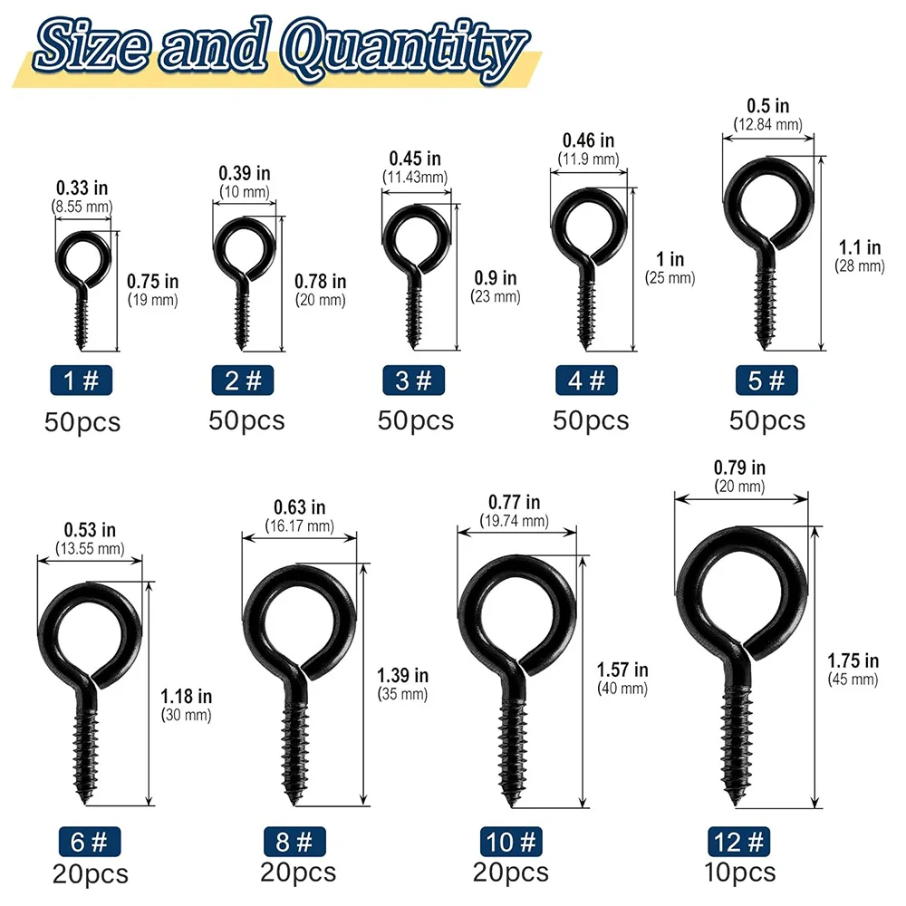 5-50pcs Screw Eye Hooks Heavy Duty 12# 14# 16# Black Zinc Plated 1#-5# Metal Small Eyelet Screws for hanging lights DIY Jewelry