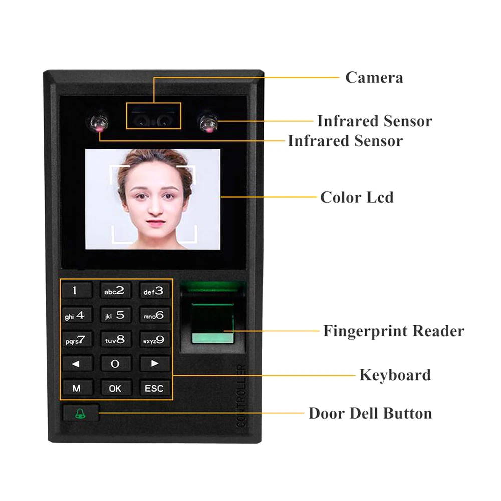 

Dynamic Face Recognition Keyboard Fingerprint Reader Doorbell 100,000 Records Attendance Machine Door Access Control System