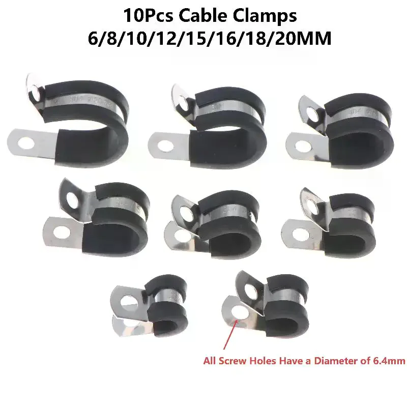 10Pcs 6-20MM Stainless Steel Cable Clamps Rubber Cushion Cushioned Insulated Wire Line Tube Pipe Fixed Bracket Metal Clip