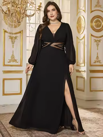 UNITHORSE Plus Women's V-Neck Long Sleeve Slim-Fitting High Slit Chiffon Evening Dress