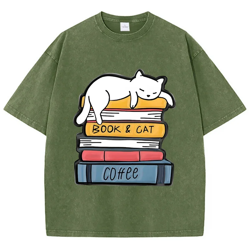 A Cat Lying On The Book Print Wash Tees Cute Cartoon T-Shirt Harajuku Machine Washable Top Casual Breathable Women Short Sleeve