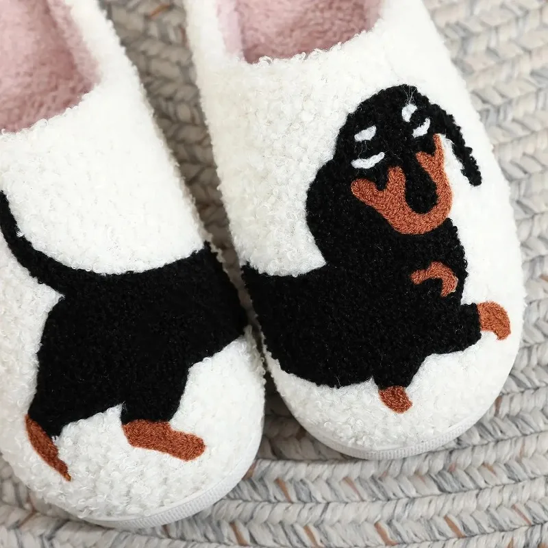 Pet Pattern Dachshund Embroidery stuffed Home Thick Sole plaid Furry Cotton Slippers Cute Warm Non-slip Indoor Slippers  Gift