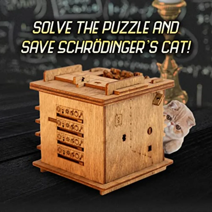 กล่องปริศนา Cluebox แมวของเชโรดิงเกอร์ เกมหนีห้อง ปริศนา 3 มิติ ทำจากไม้ สำหรับผู้ใหญ่ กล่องของขวัญสมบัติ ของเล่นฝึกสมอง ของขวัญวันเกิด