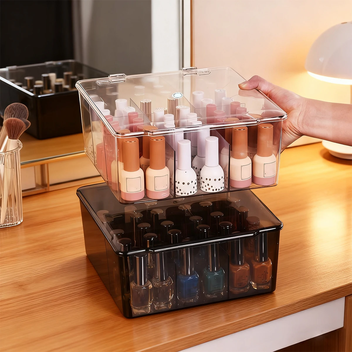 

1pc transparent/translucent black 9 goggle nail polish storage box desk dresser nail care cosmetic bag organizer