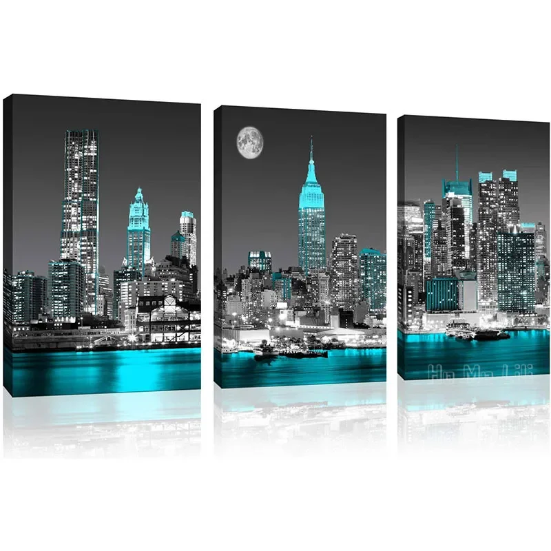 Black And White New York City Skyline Teal City Wall Art For Bedroom Living Room Office Decoration Modern Artwork