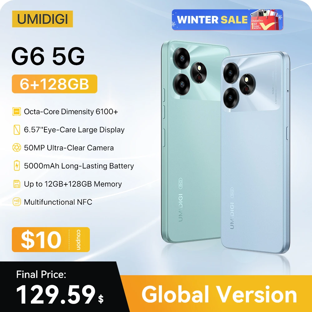 [NEW 5G] UMIDIGI G6 5G Smartphone 5G Android 13 Dimensity 6100+ 6+6GB 128GB 6.57” 90Hz 50MP Ultra-Clear Eye-Care Dual Camera NFC