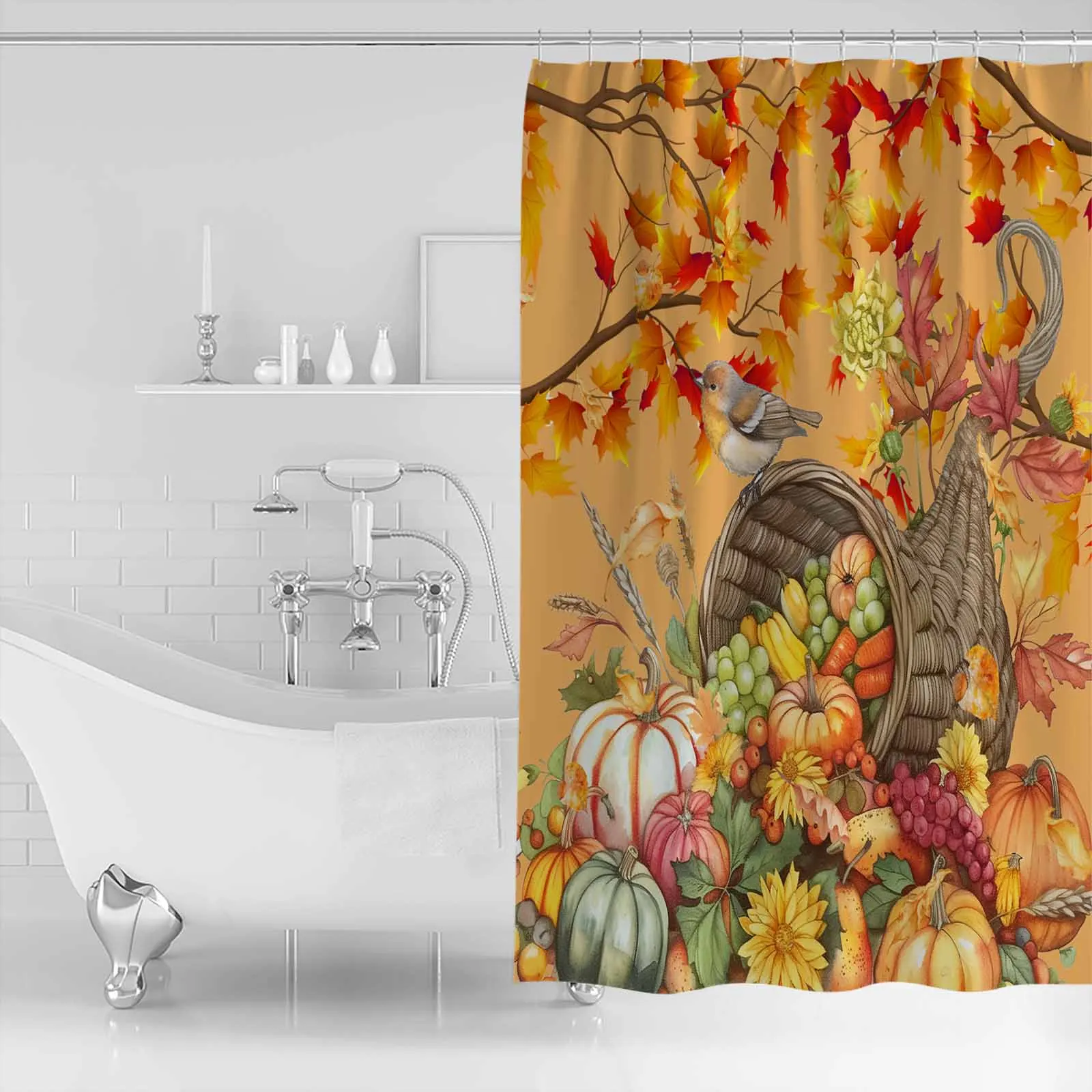 Autumn Pumpkin Maple Leaf Grapes Robin Shower Curtains Waterproof Bath Curtains Home Decor Modern Luxury Bathroom Curtain