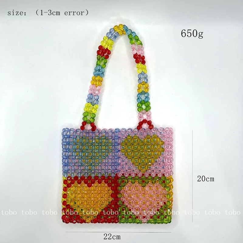 Bolso de compras cuadrado tejido a mano para mujer, bolsa de perlas con cuentas, Color melocotón a cuadros, bloque grande, 2023