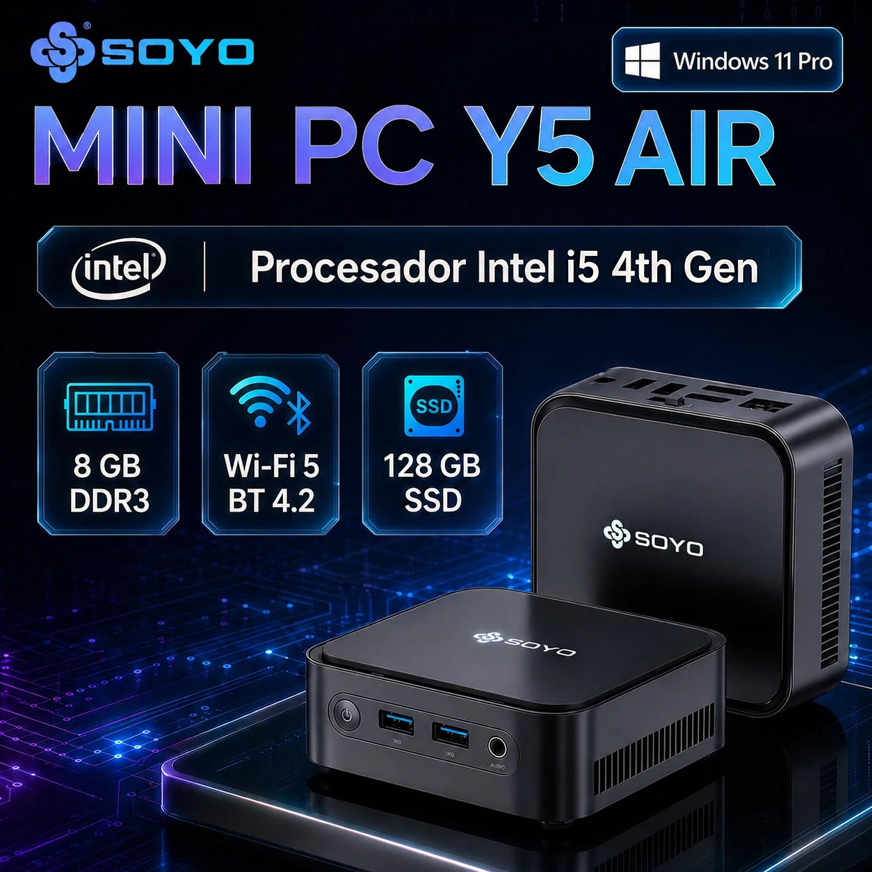 SOYO Mini PC Y5 AIR Intel Core i5 4250U Gen 8GB RAM 128GB ROM Windows 11 Pro WiFi BT4.2 Ordenador de escritorio de oficina 22nm 2.6ghz HDMI*2 USB3.0*4 RJ45*1 200MHZ 4K