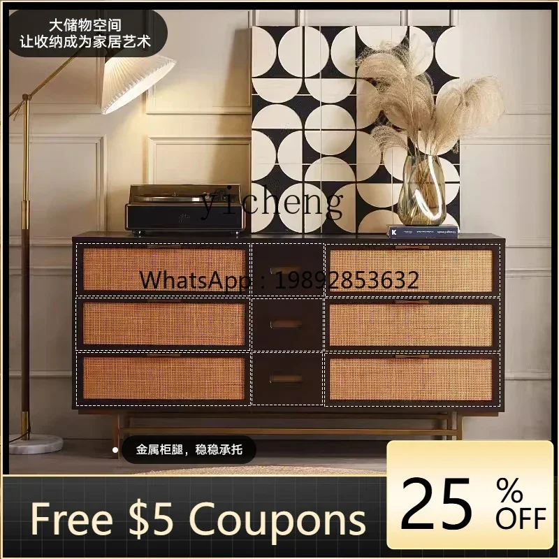 

A1 medieval retro old wabi wind solid wood oak rattan porch side cabinet