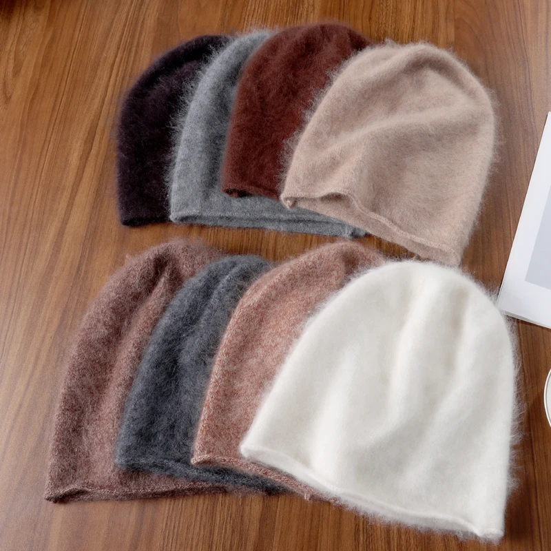 Solid Color Brushed Hat 100% Pure Wool Slouchy Hat Autumn Winter Plush Knitted Warm Women's Cold Hat Long Wool Pullover Hat