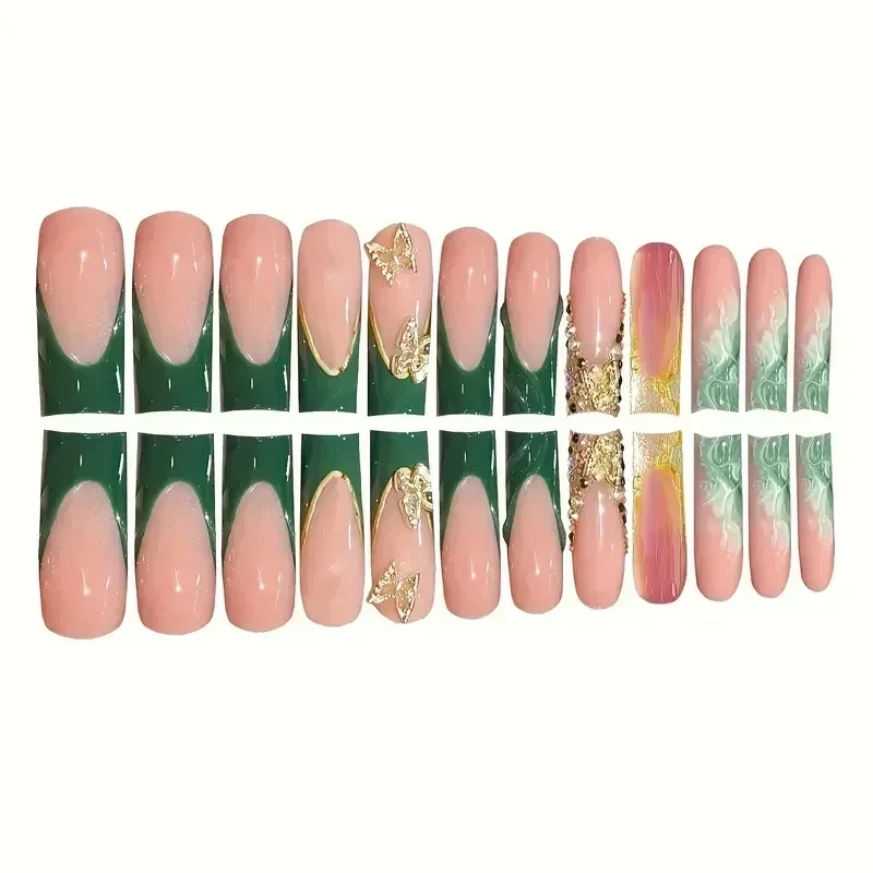 24Pcs Green French Fake Nails with Diamond Gold Butterfly False Nails Elegant Acrylic Artificial Nails Wearable Long Square Nail