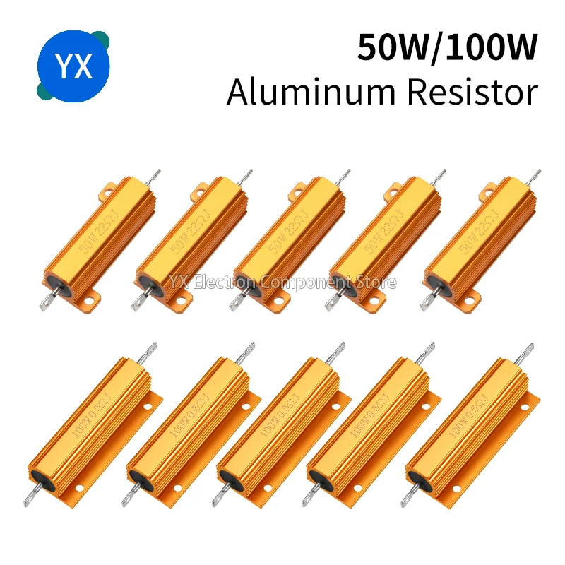 

5PCS 50W 100W Wirewound Resistor RX24 Aluminum Power Metal Shell Case Resistance 0.01R~100K 1 1.5 6 8 10 20 200 500 1K 10K Ohm