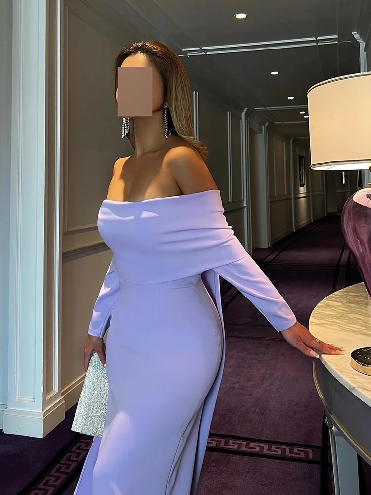 op maat gemaakte Saoedi-paarse zeemeermin avondjurk dames off-shoulder lange mouw feestjurk Arabische jurken voor speciale gelegenheden