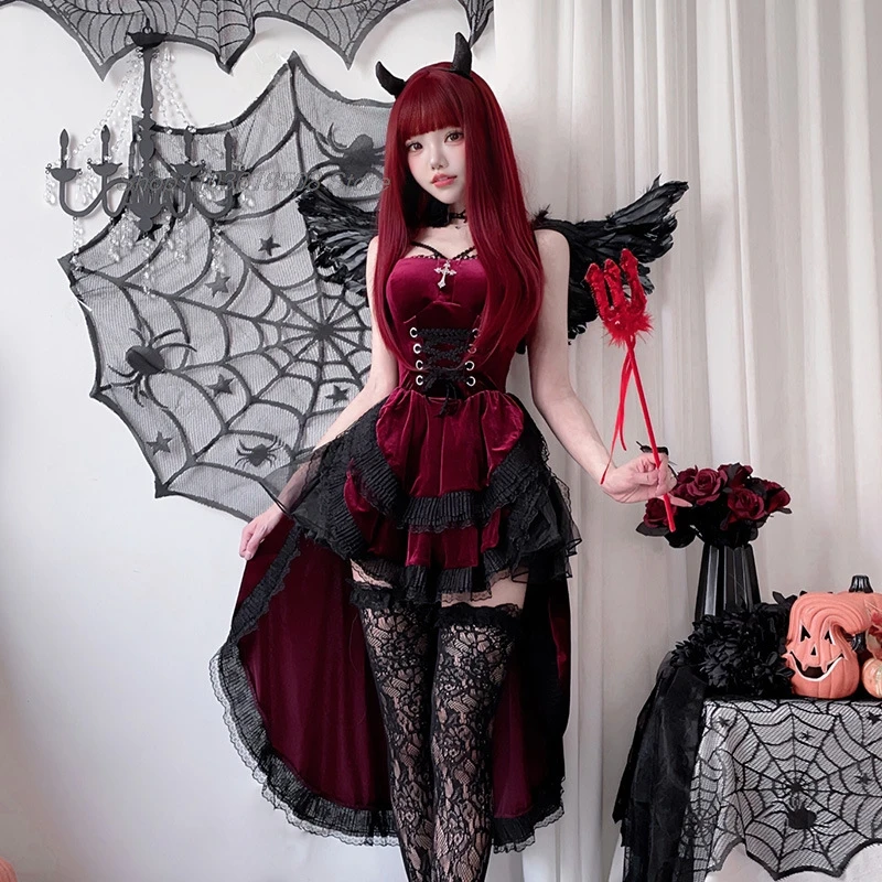 Devil Cospaly Costume Dark Gothic Halloween sexy lace dovetail halter dres Dovetail Witch Demon Vampire Ghost bridal dress ladis