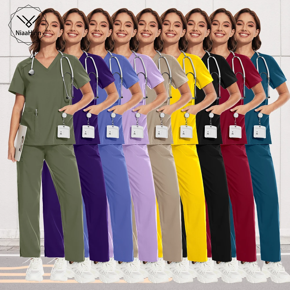 Ensembles de pantalons droits de gIslande d'infirmière respirants, ScrdécentrTop, uniforme vétérinaire, vêtements de travail de spa de beauté, générateurs pour femmes