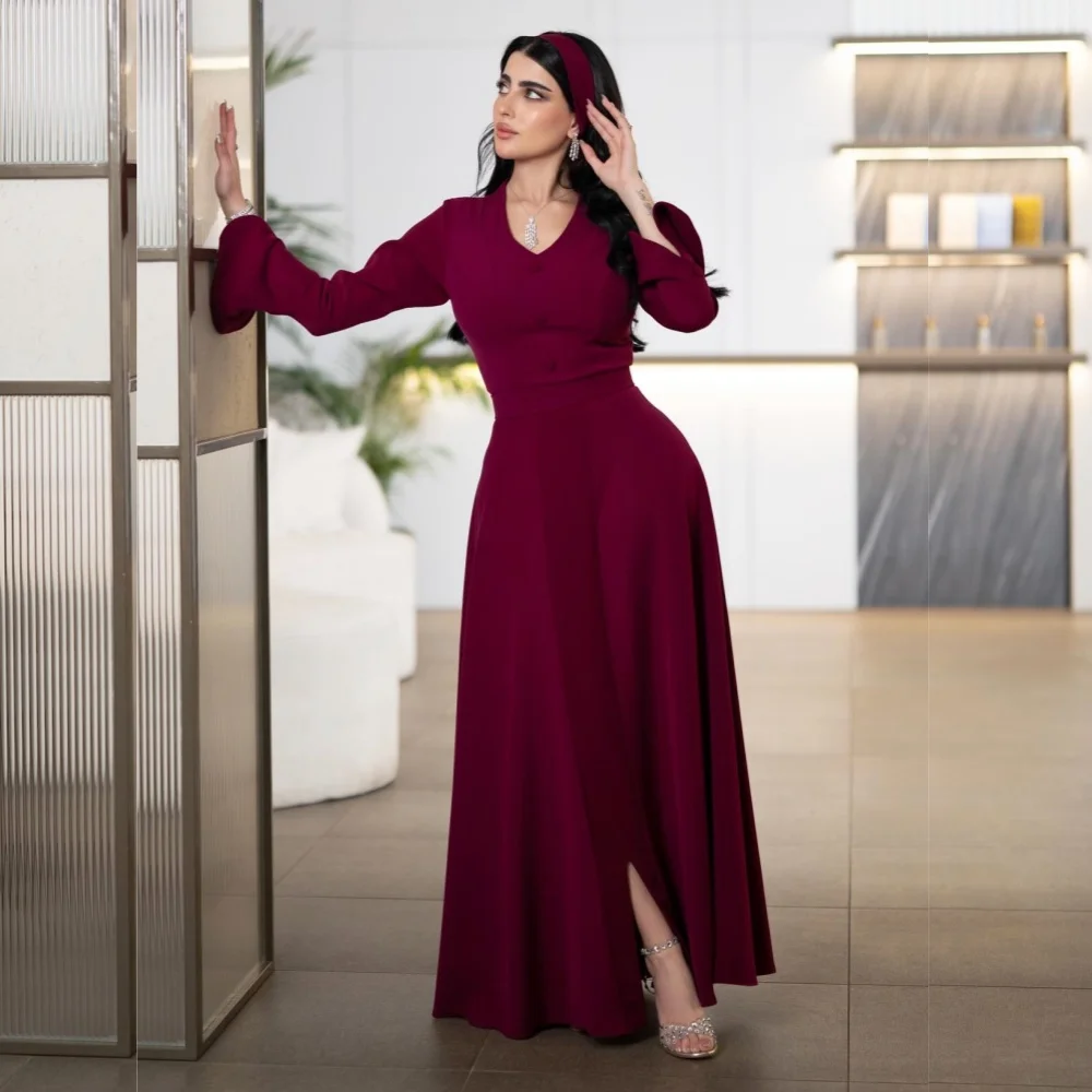 

Customized Pleat Button Long Sleeves V-neck Long Dresses Simple Evening Dress Bespoke Occasion High Quality Party Gown