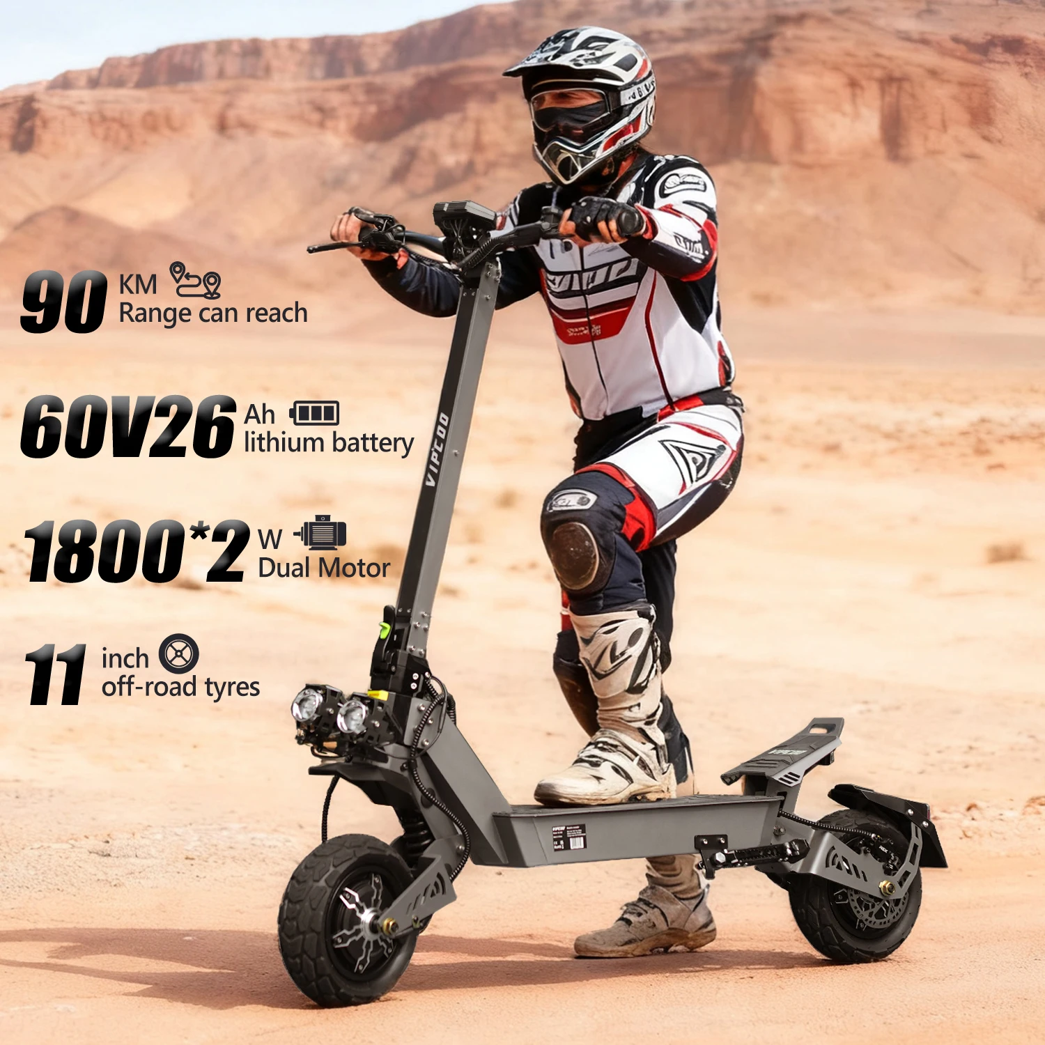 

Внедорожный электросамокат VIPCOO VS9 с аккумулятором 60В/26Ач, мощностью 1800Вт*2, запасом хода 70-90 км, на толстых шинах
