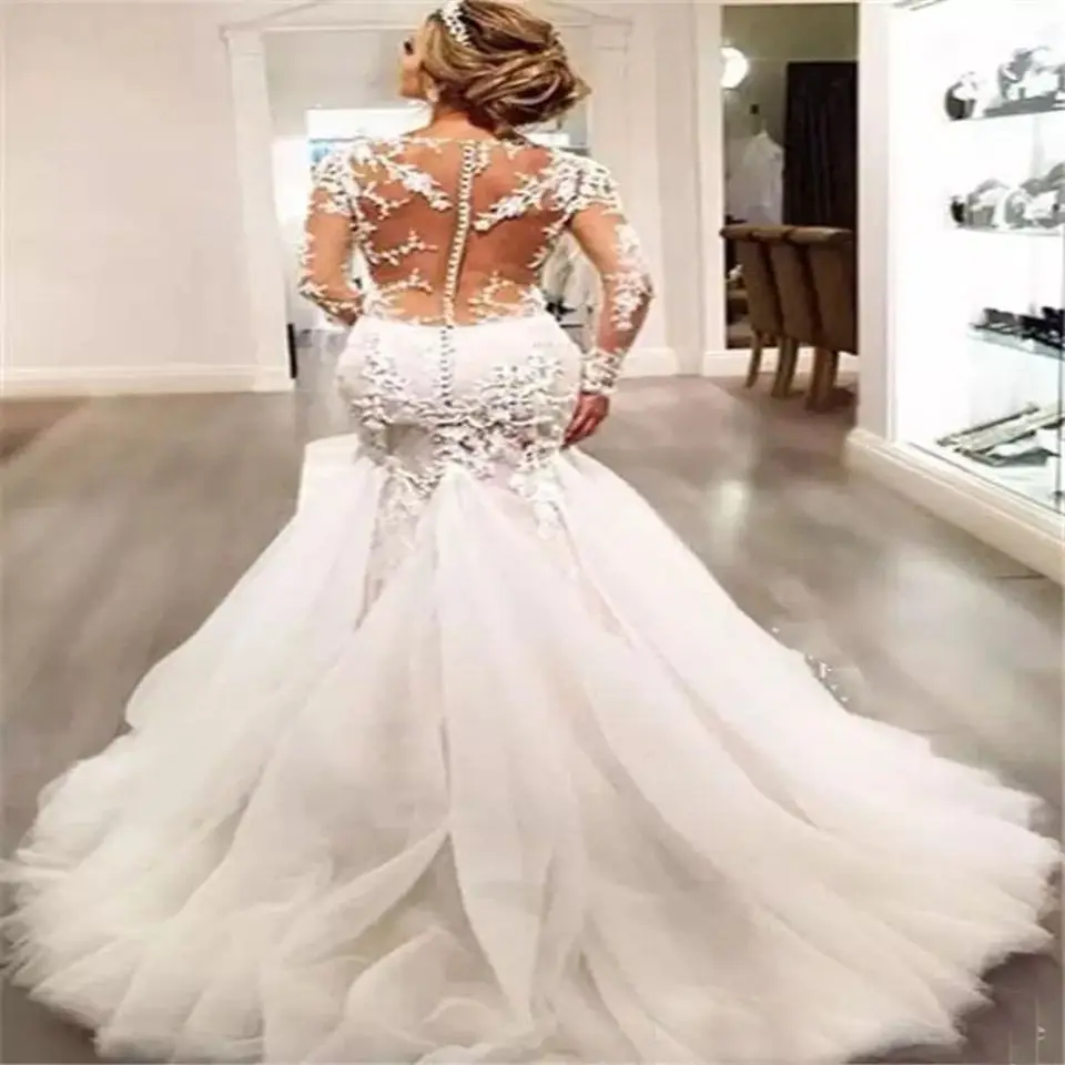 New Luxury Lace Appliques Mermaid Wedding Dresses Illusion Long Sleeves 2025 Buttons Court Train Tulle Bridal Gowns For Women