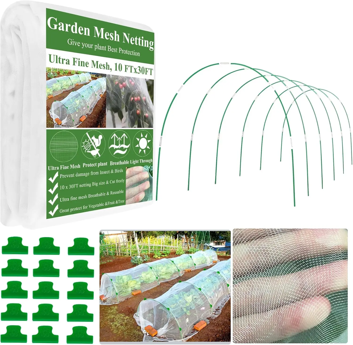 

10x30FT Garden Netting Kit with 6 Fiberglass Hoops for Raised Beds, Plant Protection from Birds & Insects