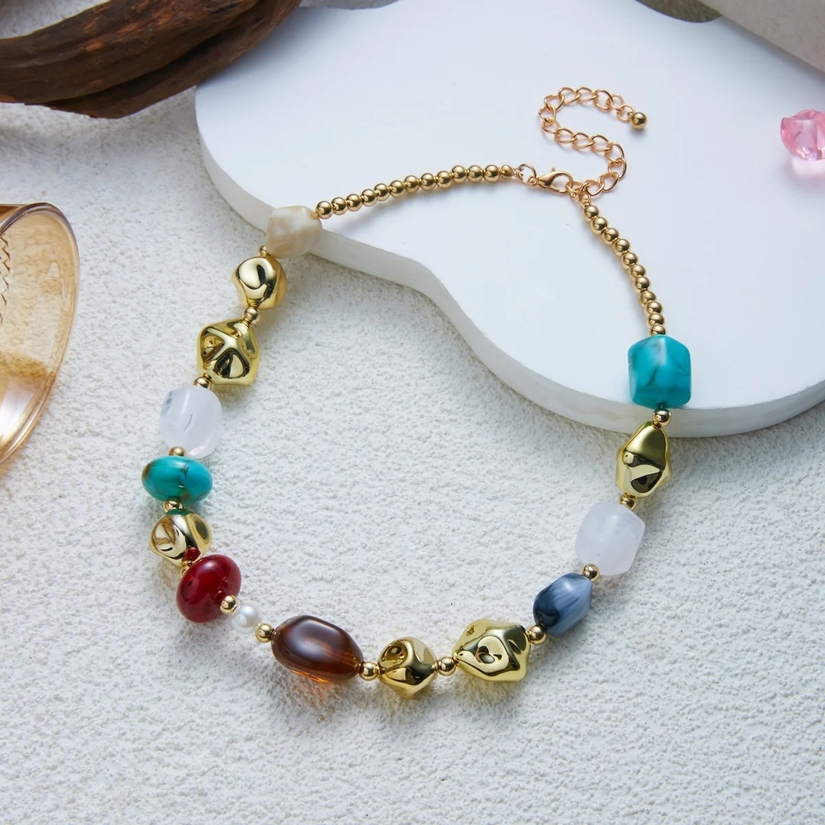 Klobige Unregelmäßige Acryl-Perlenkette für Damen und Herren, Bunte Imitations-Natursteinperlen-Halskette, Vintage-Punk-Schmuck – Detail 25