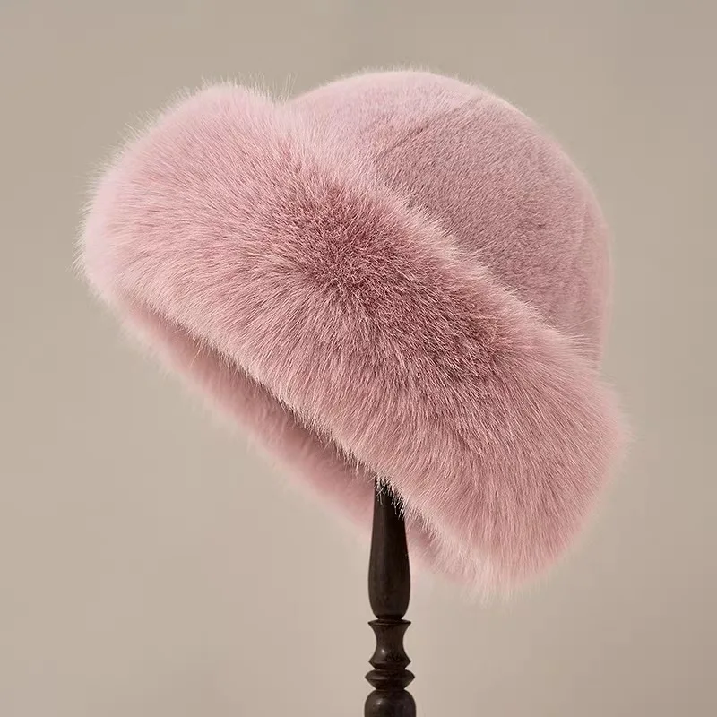 Winter female faux fox fur mink hat thickened Fluffy warm Plush Bucket Hat Women Solid Color Hats Luxury Ladies caps