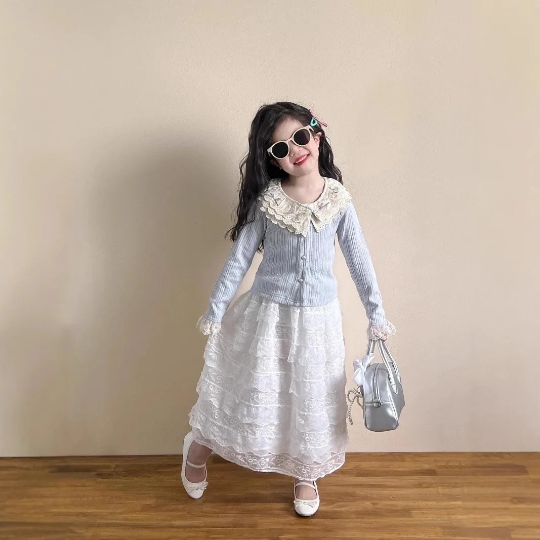 

Girls Suit 2025 Spring New Childrens Wear Korean Style Baby Girl Sweet Blue Cardigan Lace Skirt Two-piece Set Casual Simple
