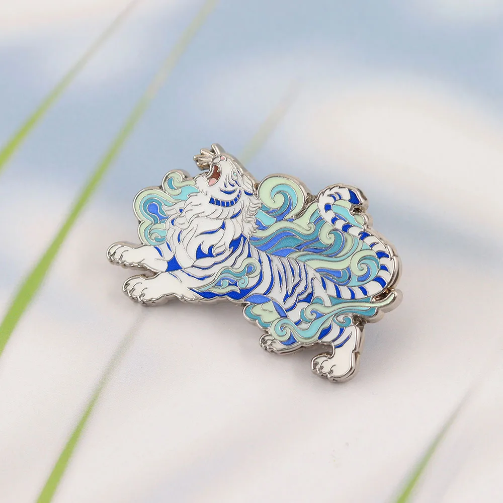 Mythical White Tiger Enamel Pin Chinese Four Beasts Baihu Brooch Oriental Style Cloud Tiger Badge For Men Women Gift For Backpac