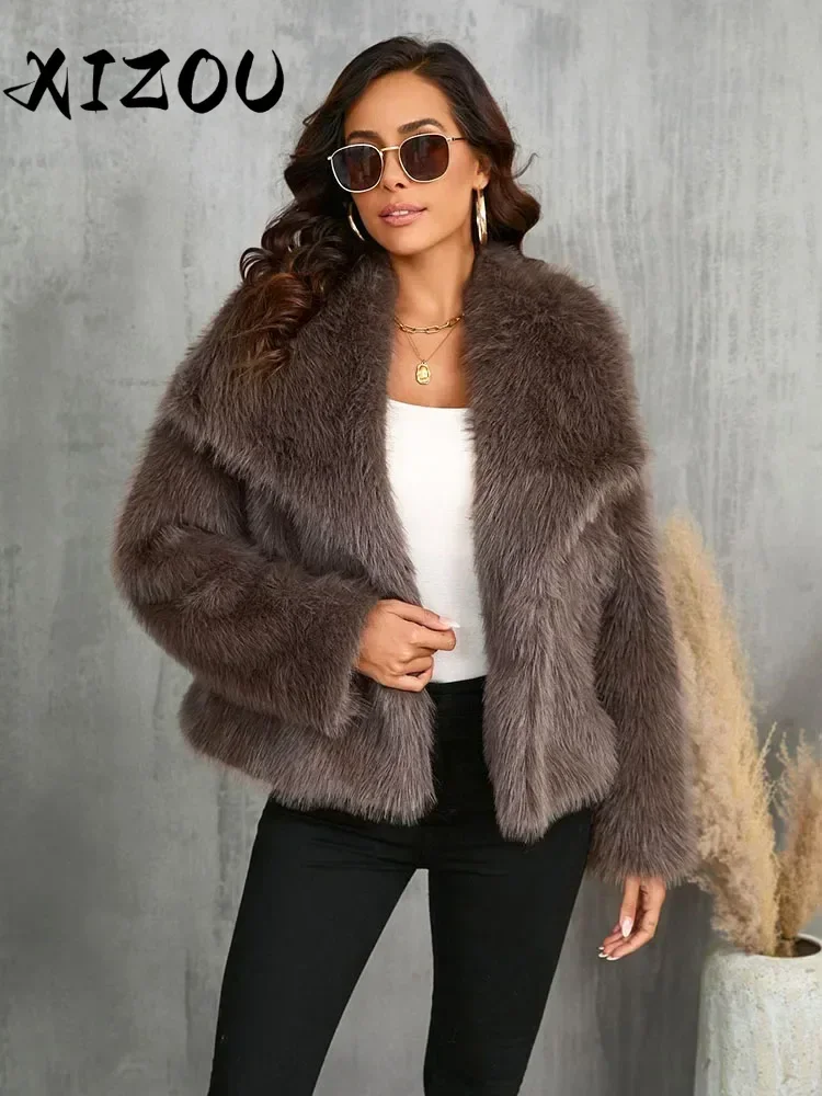 XIZOU-Manteau en fausse fourrure moelleux à col rabattu pour femme, veste vintage en fausse fourrure, vêtements d'hiver pour femme, combWinter Fashion, 2024