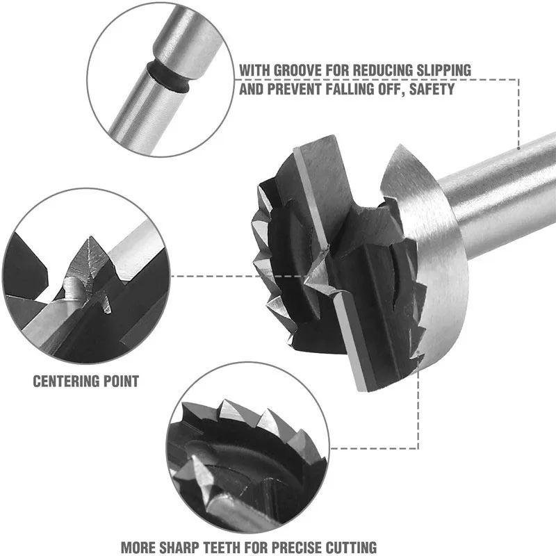 5 pz Forstner strumenti per la lavorazione del legno sega a tazza cerniera noioso punta da trapano Set muslimate gambo tondo taglierina in acciaio ad alto tenore di carbonio