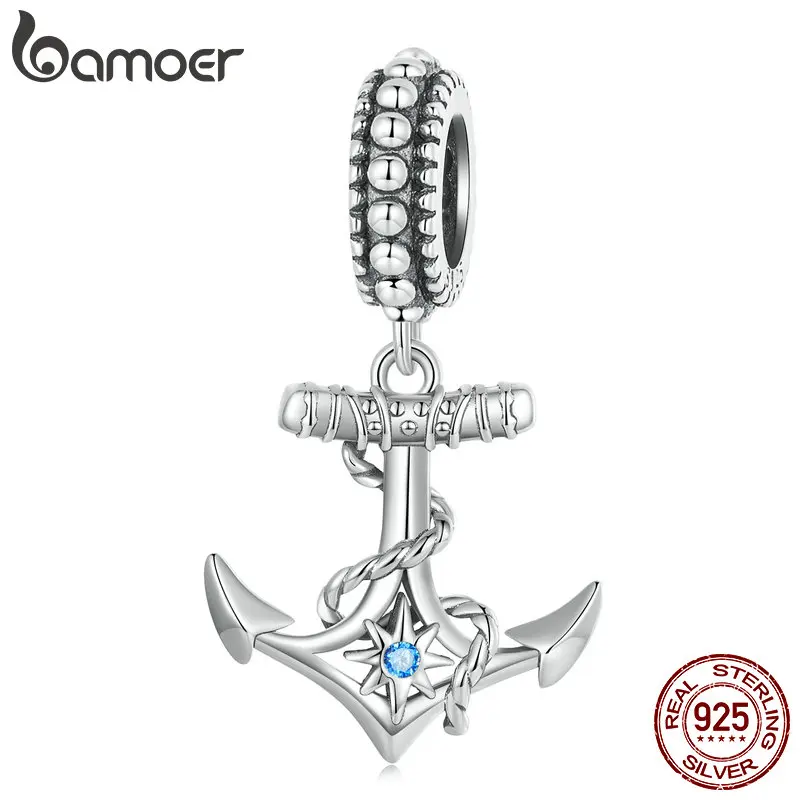 

Bamoer 925 Sterling Silver Ocean Series Ship Anchor Hanging Bead Blue Zircon Star Pendant Charms for Women Bracelet Necklace DIY