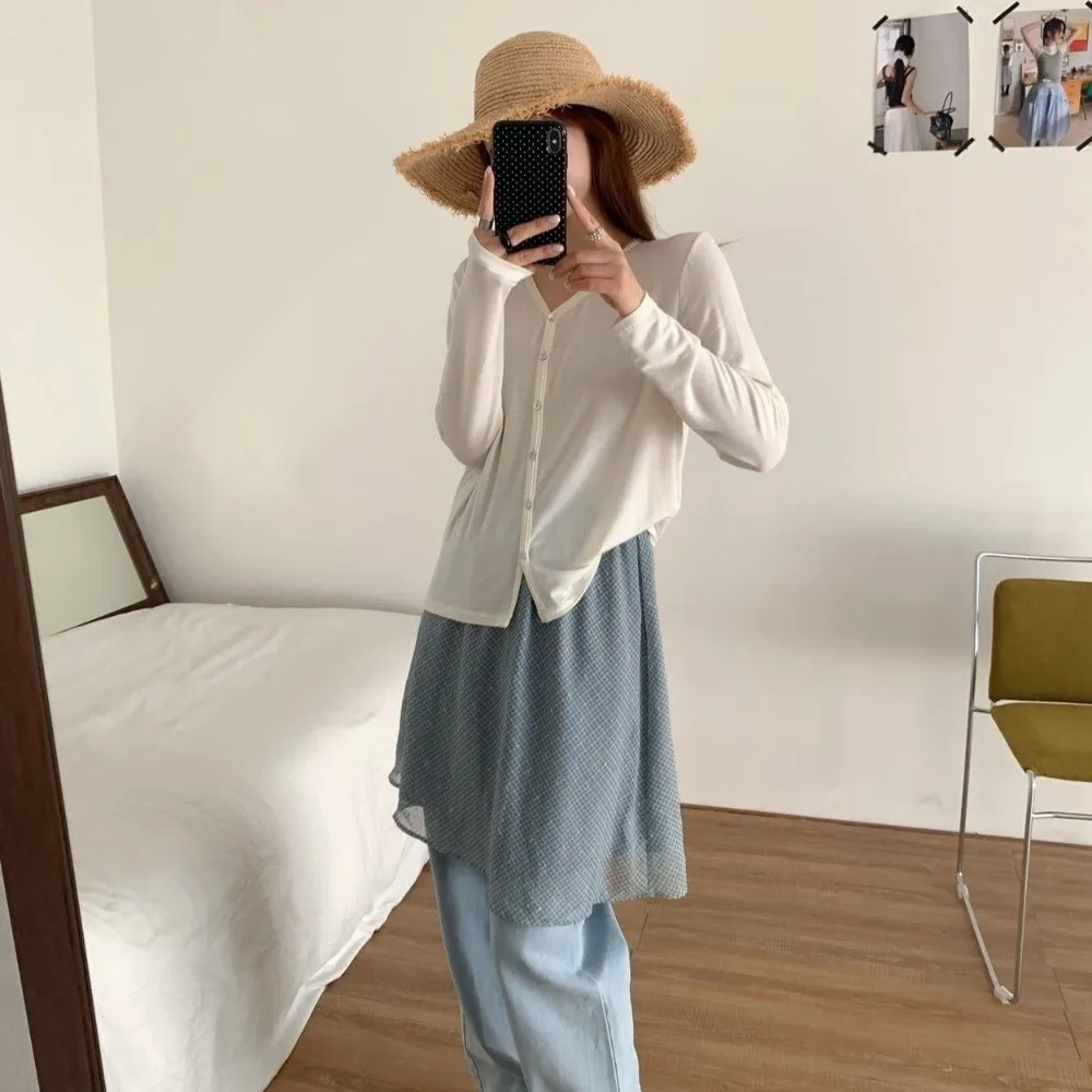 

Breathable Lyocell Women's Cardigan V Neck Slim Knitwear Long Sleeve Top Round Neck Basic Shirt Sunscreen Clothing Spring Summer