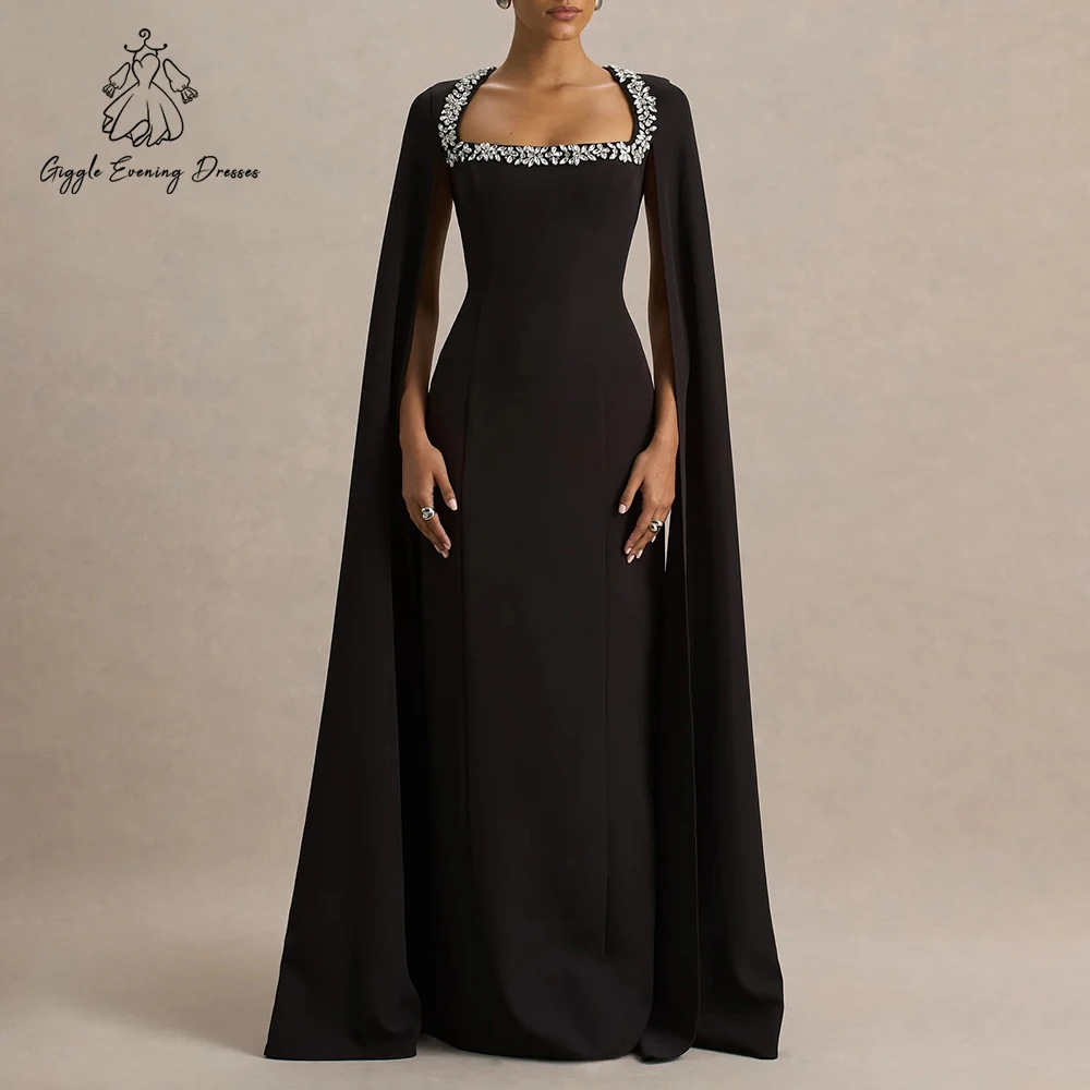 

Giggle Black Square Collar Crystal Saudi Arab Evening Dress with Cape Sleeveless Floor-Length Satin Long Prom Dresses Customized