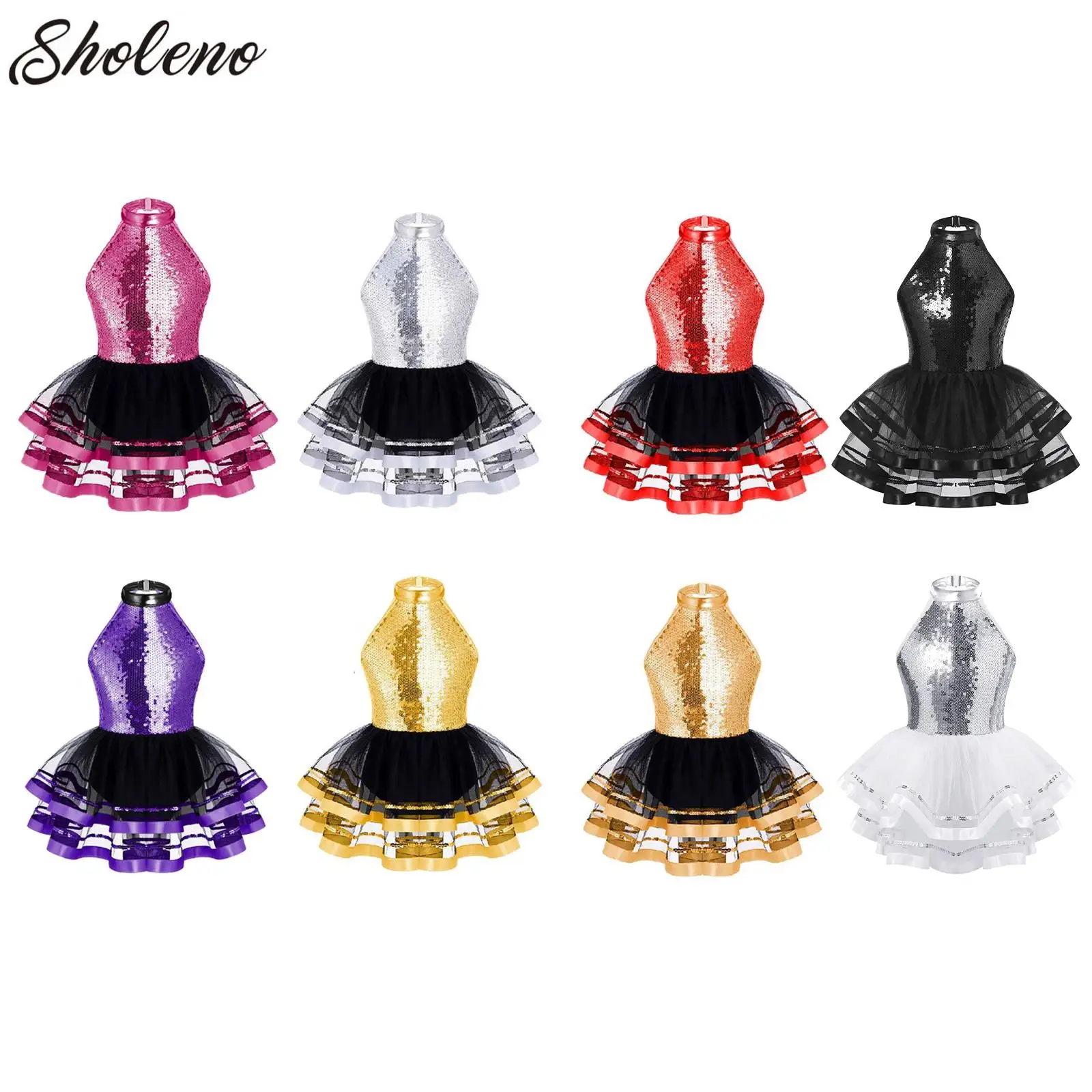 

Girls Sequins Sleeveless Ballet Dance Dress Tulle Tutu Skirt Leotard Latin Jazz Modern Dancewear Ballerina Performance Costumes