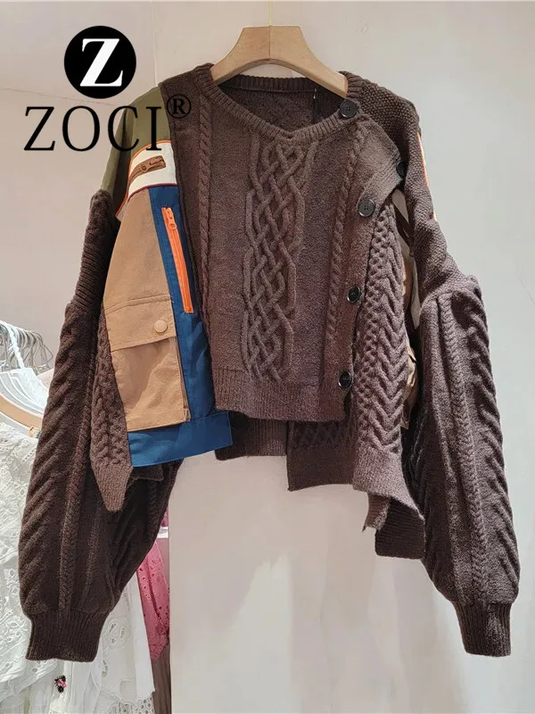 [ZOCI] New Korean Soft Top A High-end Feel, Super Beautiful Fashion, Versatile Coffee Color Splicing Sweater