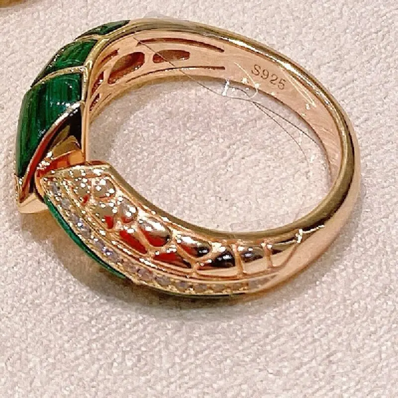 

KQDANCE 925 Sterling Silver Fashion Style Stud RingWomen Lady Inlay Cubic Zircon Malachite Plated Gold Color Party Jewelry