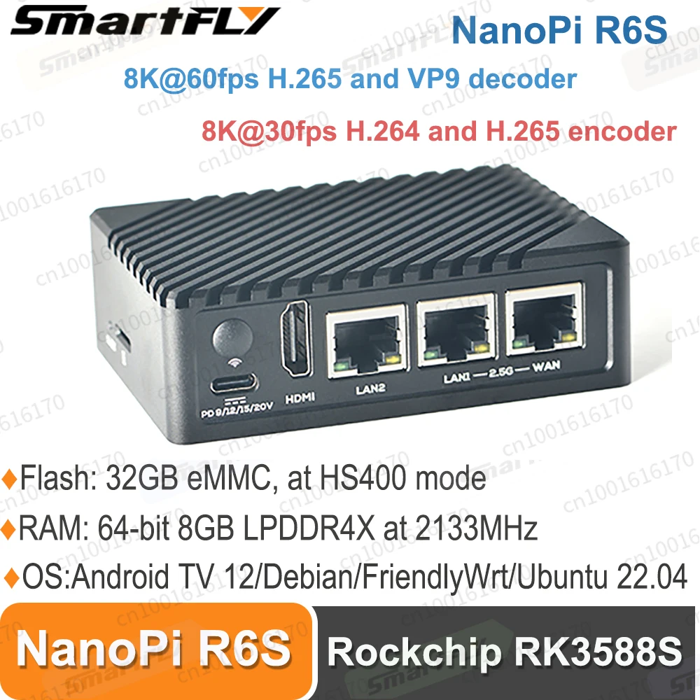 Smartfly NanoPi R6S 8GB RAM 32GB eMMC Rockchip RK3588S A76 A55 Dual 2.5G Ethernet Ondersteuning HDMI2.0 Linux/Openwrt/Debian/Ubuntu