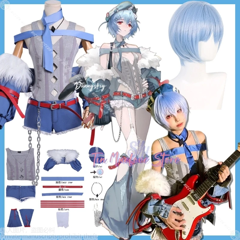 

Japanese Jirai Kei Girls Styles Reiii Cosplay PUNK Kawaii Anime 코스프레 의상 Y2K Sexy Hollowed Out Vest Blue Shorts Hat Halloween Cos